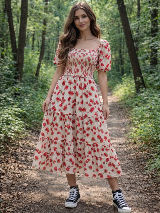 Betsey Johnson Dresses & Skirts - Betsey Johnson Flowy Strawberry & Raspberry Print Smocked Maxi Dress, Size S